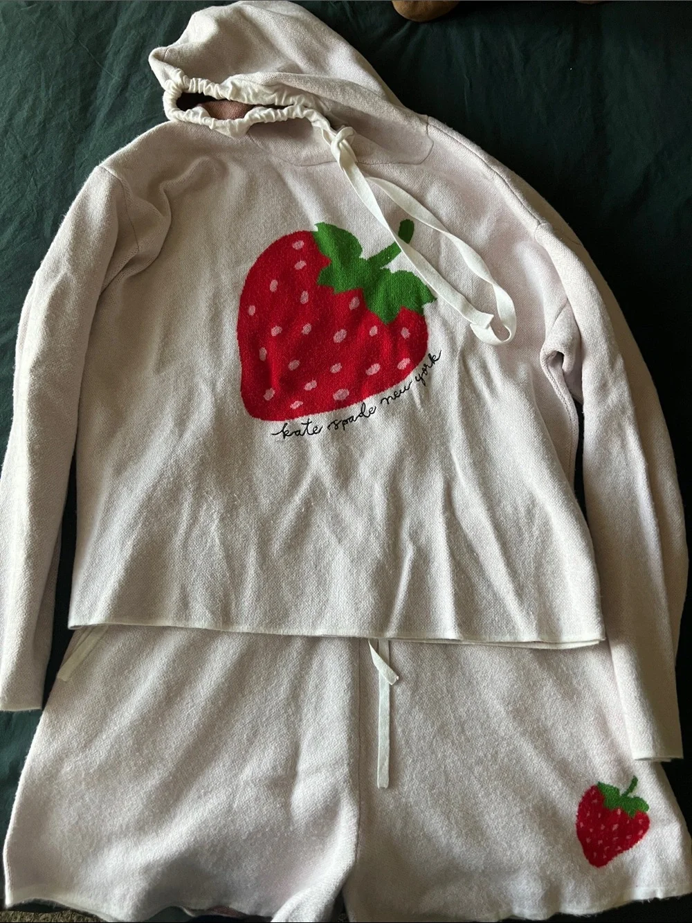 kate spadep Cream Hoodie and Shorts Set with Red Strawberry Graphic